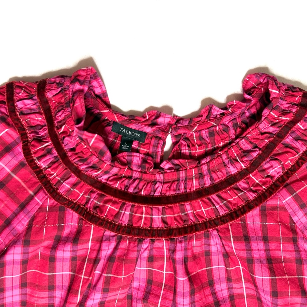 Talbots Velvet Trim Ruffle Popover Blouse in Moonlight Plaid Red and Pink Size L - Picture 5 of 8